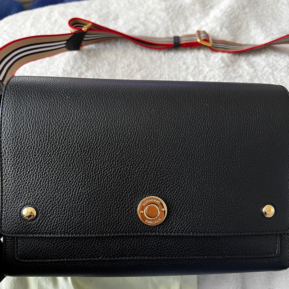 Authentic Burberry Black Medium Note Check & Leather Crossbody bag